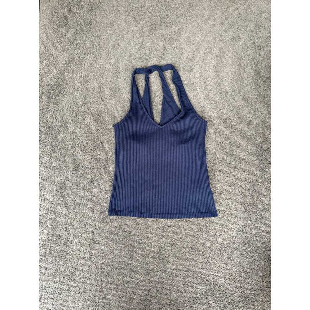 Old Navy Womens XS Navy Blue Ribbed Twist Back Halter Tank Top with Shelf Bra